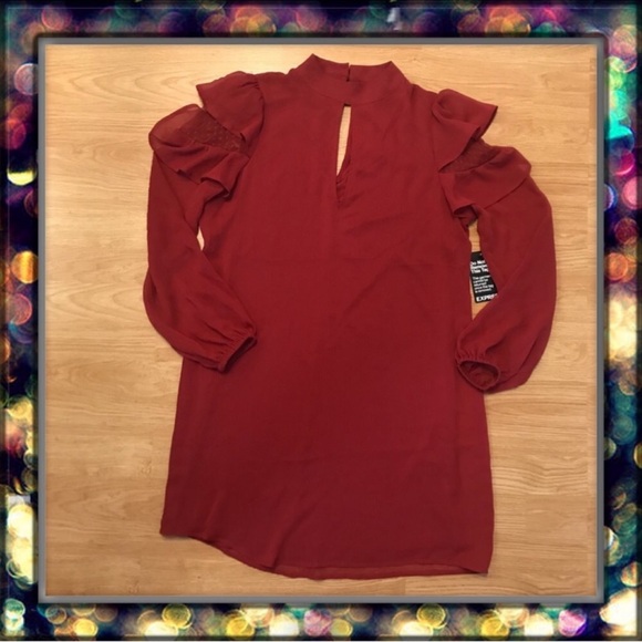 {Express} Cut Out Chock Mock Neck Sheath Red Mini Flowy Ruffle Dress - Picture 3 of 7